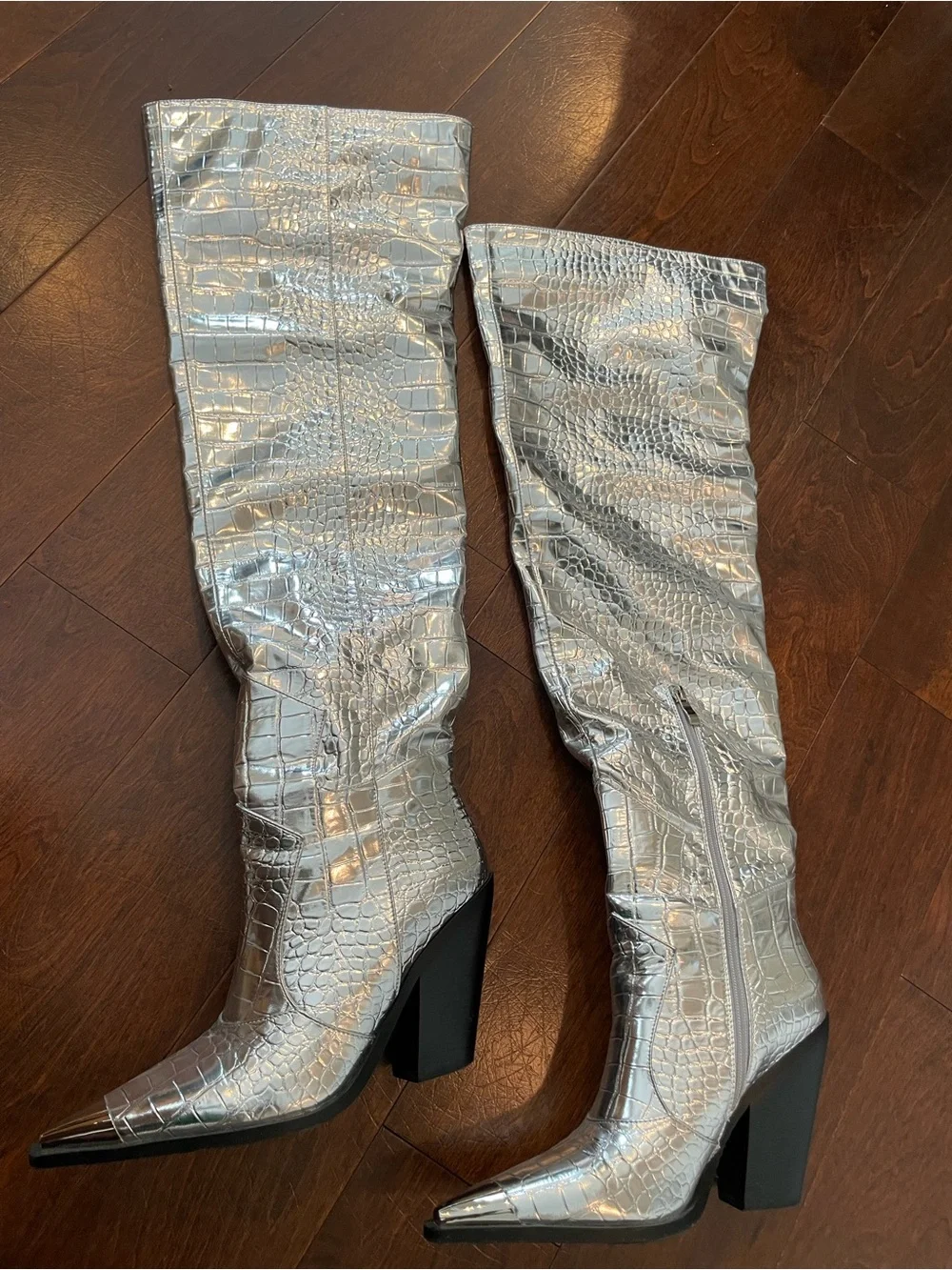 Metallic Silver Croc-Embossed Over-the-Knee Boots -Azalea Wang